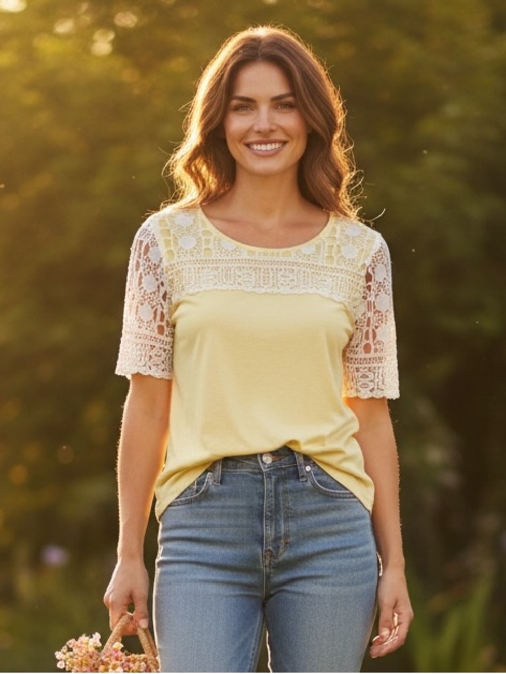 Alia Petite // Lace Short Sleeve Top // Yellow & White